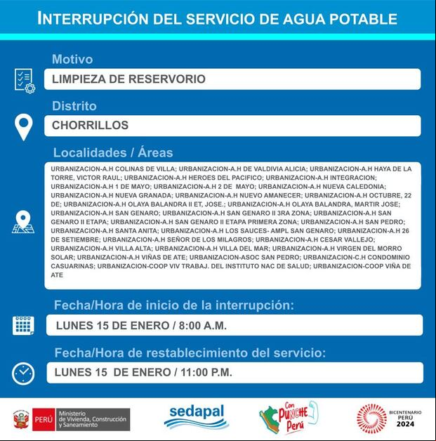 Sedapal informó qué distritos no tendrán agua este lunes 15 de enero. (Foto: Twitter)