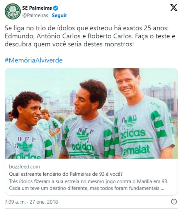 Antonio Carlos Zago fue parte del equipo estrella del Palmeiras que se consagró en el Brasileirao del 93 y 94. (Foto: Captura de X)