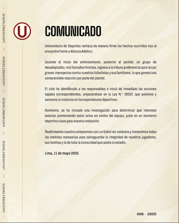 Universitario y su postura contra los barristas que irrumpieron el Estadio Monumental. (Imagen: Universitario)