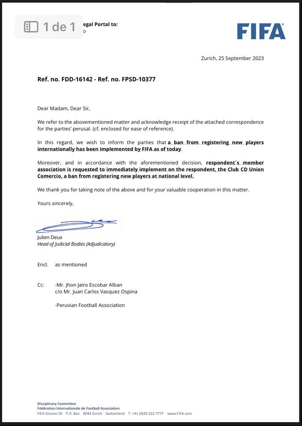 La sanción impuesta por la FIFA a Unión Comercio. (Foto: FIFA)