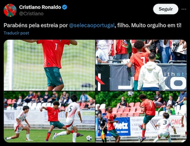 Cristiano Ronaldo expresó su felicidad por su hijo en sus redes sociales. "Felicidades por tu debut de @selecaoportugal, hijo. ¡Estoy muy orgulloso de ti!" (Captura X)