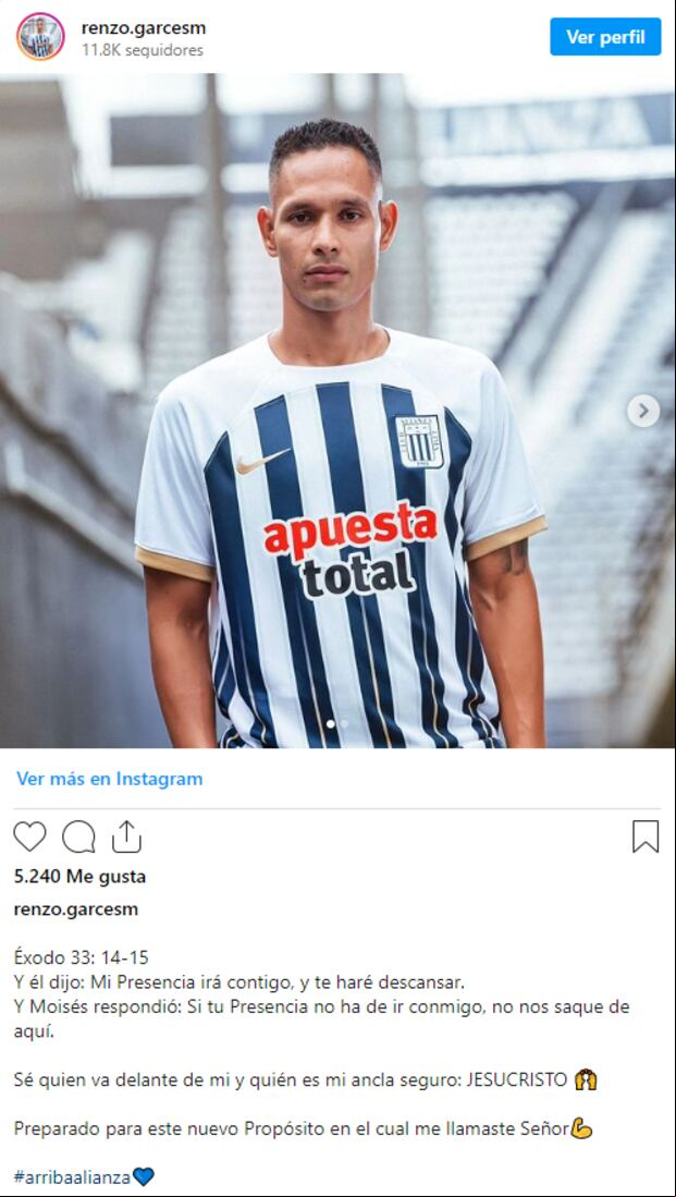 Renzo Garcés y el mensaje a sus seguidores, tras ser fichado por Alianza Lima. (Foto: Instagram)