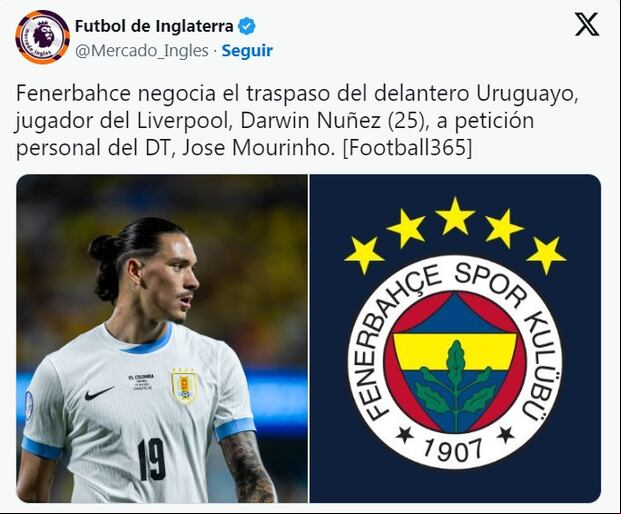 José Mourinho quiere fichar a Darwin Núñez para Fenerbahçe de Turquía. (Foto: X).