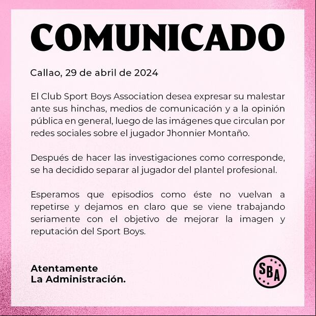Sport Boys y el comunicado sobre el caso de Jhonnier Montaño Jr. (Imagen: Sport Boys)