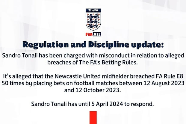 La Federación Inglesa acusa a Sandro Tonali de nuevos delitos cuando jugaba en la Premier League. (Foto: X).
