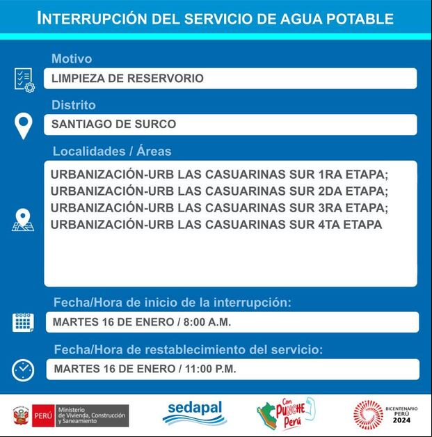 Sedapal informó qué distritos no tendrán agua este martes 16 de enero. (Foto: Twitter)