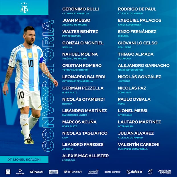 Selección de Argentina presentó su lista de convocados para la fecha doble de las Eliminatorias 2026. (Foto: Argentina).