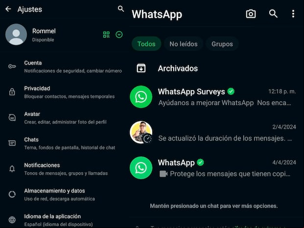 WHATSAPP | Así debe quedarte todo el "modo oscuro" de WhatsApp renovado. (Foto: MAG - Rommel Yupanqui)