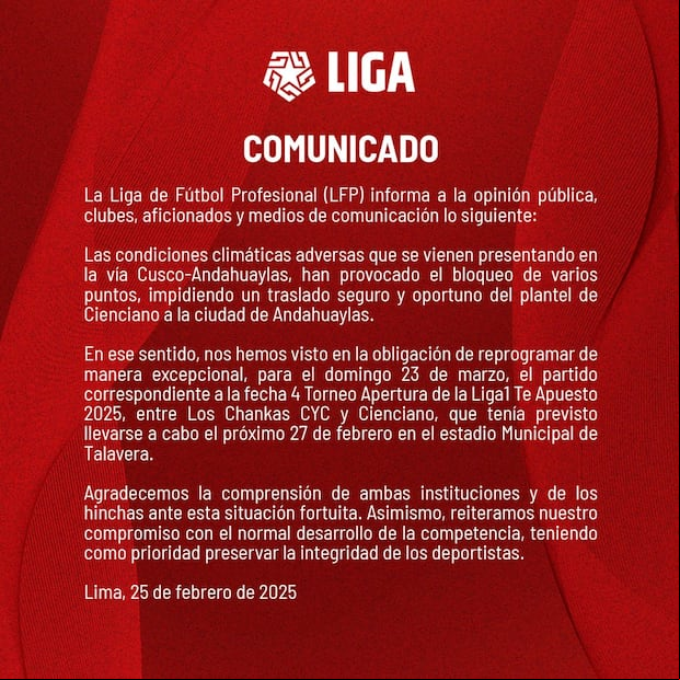 Comunicado de la LFP sobre la reprogramación del partido entre Los Chankas y Cienciano.