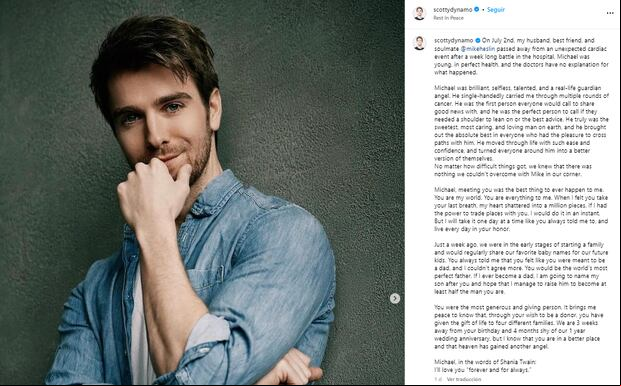 El comunicado del fallecimiento de Mike Heslin realizado por su esposo (Foto: Scott Dynam / Instagram)