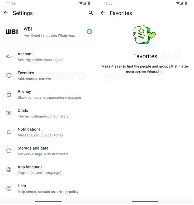 Vista previa de la nueva configuración "Favoritos". (Foto: WabetaInfo)