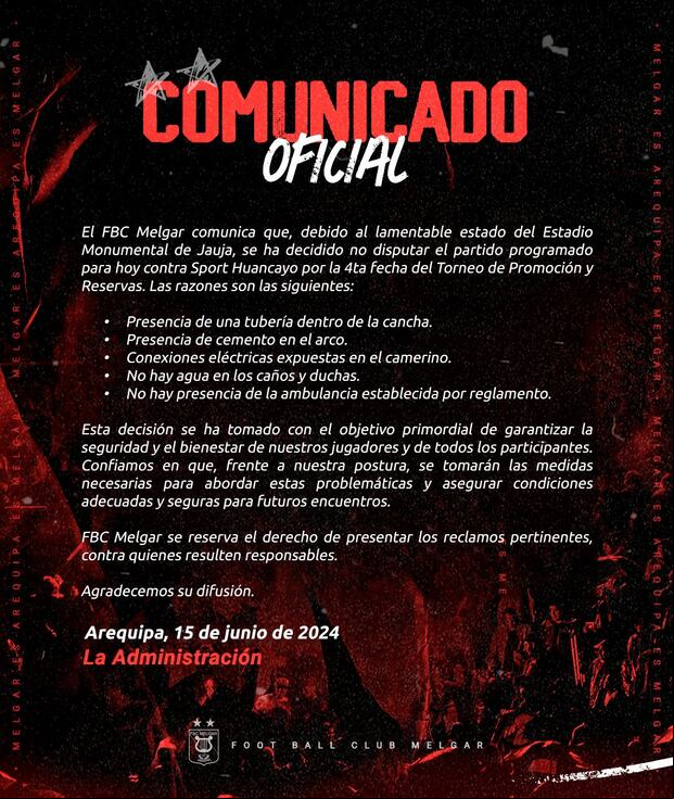 Comunicado de Melgar.