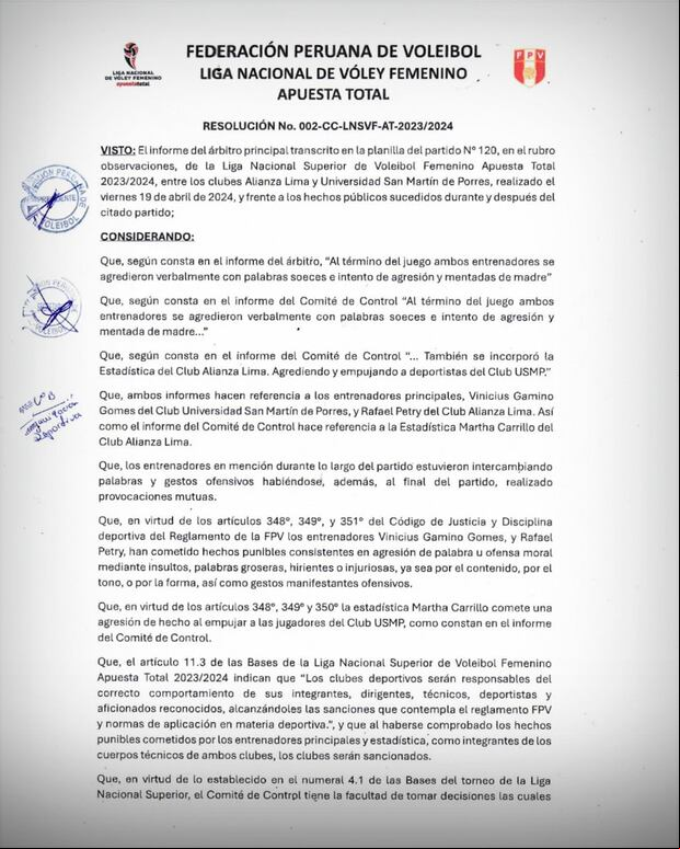 Tras gresca en la final de la LNSV: DT de Alianza Lima y San Martín suspendidos por 3 meses. (Captura: FPV)