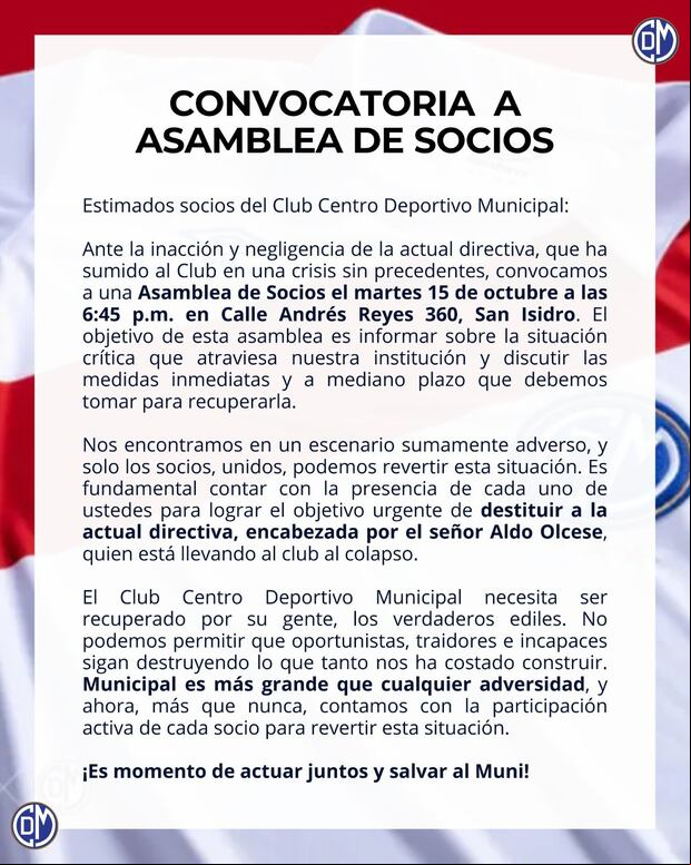 Comunicado de los socios del Club Centro Deportivo Municipal. (Foto: Difusión)