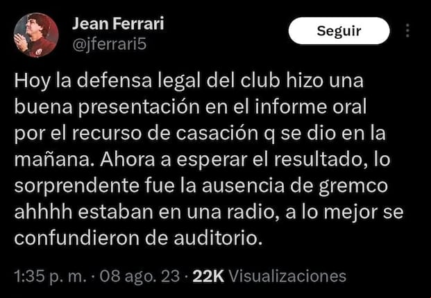 Jean Ferrari confirmó ausencia de Gremco en vista de la causa por recurso de casación (Captura)