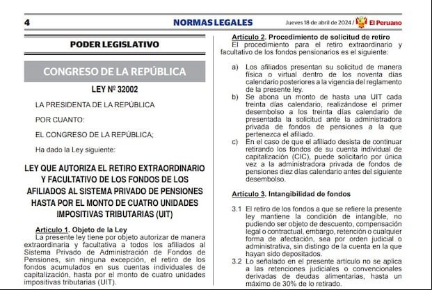Gobierno de Dina Boluarte promulgó la ley que autoriza el retiro de las as de Fondos de Pensiones (AFP) hasta por 4 UIT (Foto: El Peruano).
