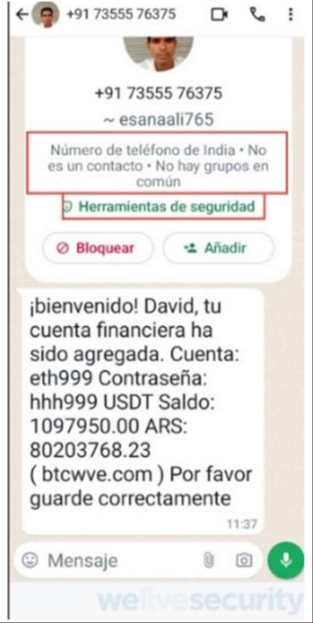 Mensaje de estafa online en WhatsApp
