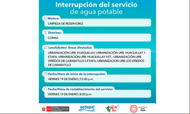 Sedapal informó qué distritos no tendrán agua este viernes 19 de enero. (Foto: Twitter)