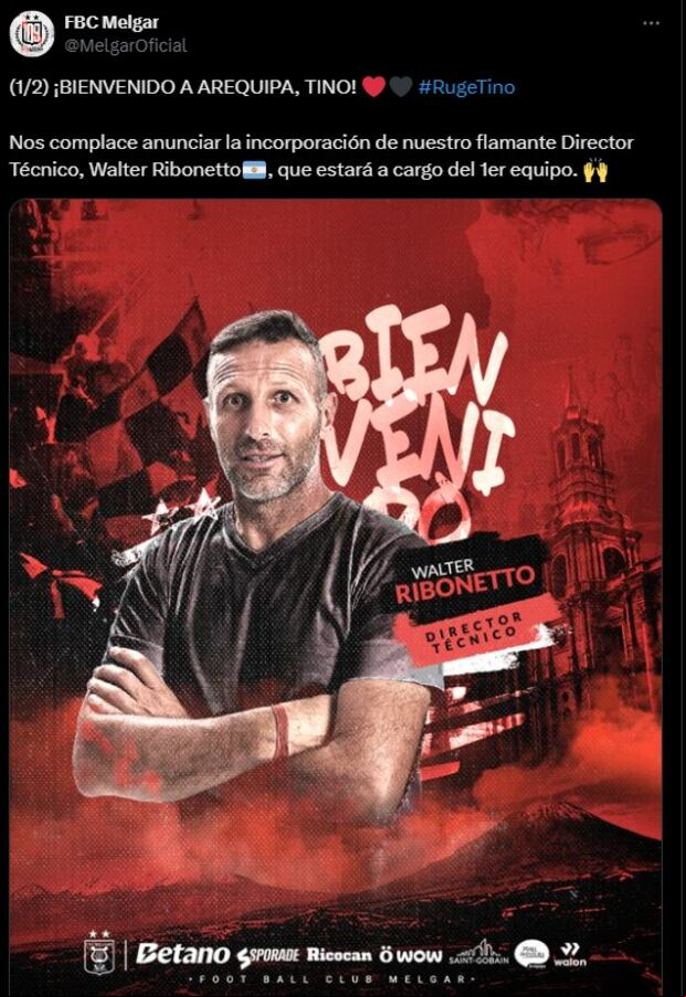 Melgar confirmó la llegada del DT argentino Walter Ribonetto. (Foto: @MelgarOficial).