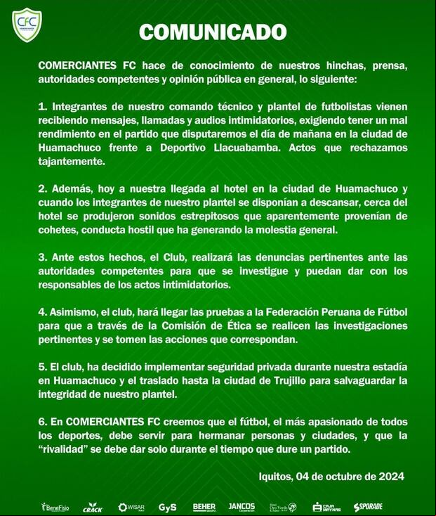 Comunicado de Comerciantes FC.
