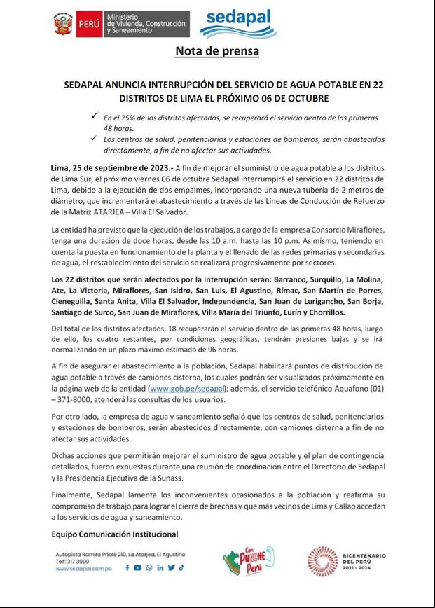 Comunicado de Sedapal sobre el corte de agua masivo en 22 distritos de Lima.