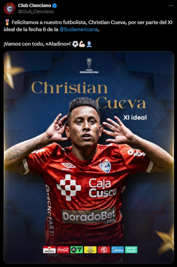 Así felicitó Cienciano la inclusión de Cueva al once de la fecha. (Foto: Captura X)