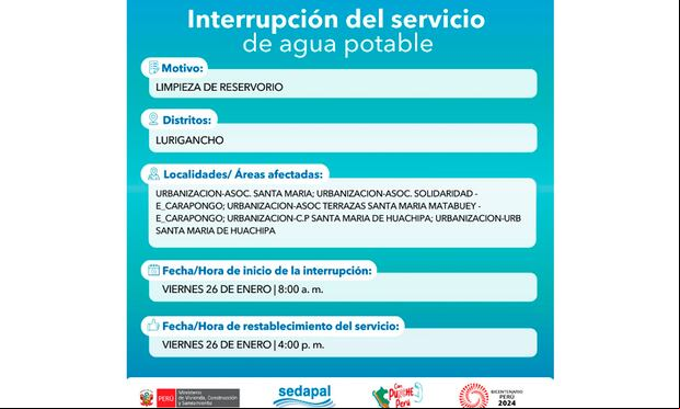 Sedapal informó qué distritos no tendrán agua este viernes 26 de enero. (Foto: Twitter)