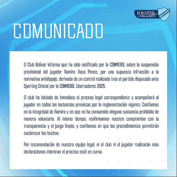 El comunicado de Bolívar sobre la situación de Ramiro Vaca. (Foto: Bolívar)