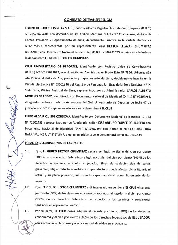 El documento que subió a sus redes Franco Velasco, director legal crema, por el caso de Piero Quispe.