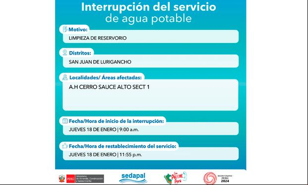 Sedapal informó qué distritos no tendrán agua este jueves 18 de enero. (Foto: Twitter)