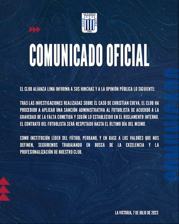 Este fue el comunicado que confirmó sanción istrativa a Christian Cueva en julio de 2023. (Imagen: Alianza Lima)