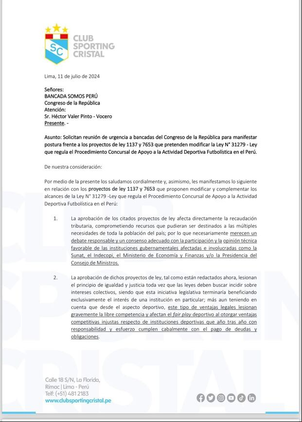 Carta de Sporting Cristal a Somos Perú. (Foto: Difusión)