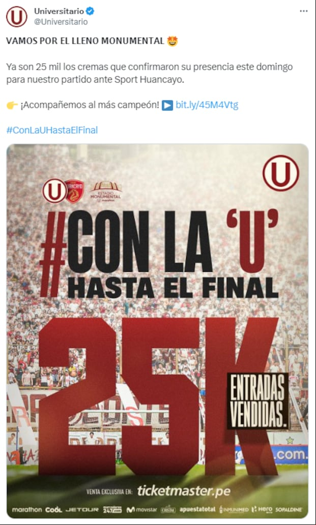Así va la venta de entradas para el Universitario vs. Sport Huancayo. (Foto: Twitter)