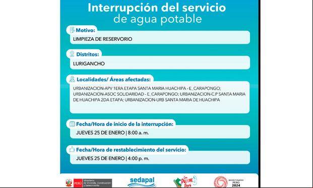 Sedapal informó qué distritos no tendrán agua este jueves 25 de enero. (Foto: Twitter)