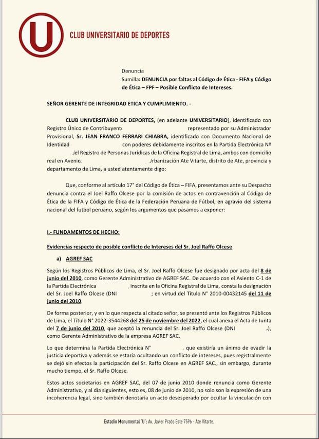 Universitario denunció a Joel Raffo, presidente de Sporting Cristal. (Foto: Universitario)