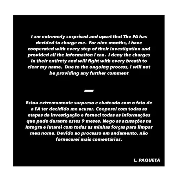 Respuesta de Lucas Paquetá via redes sociales ante acusación de la FA. (Foto: captura de Instagram).