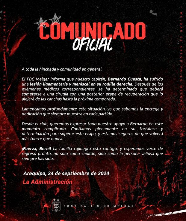 Comunicado de Melgar sobre lesión de Bernardo Cuesta. (Foto: @MelgarOficial).