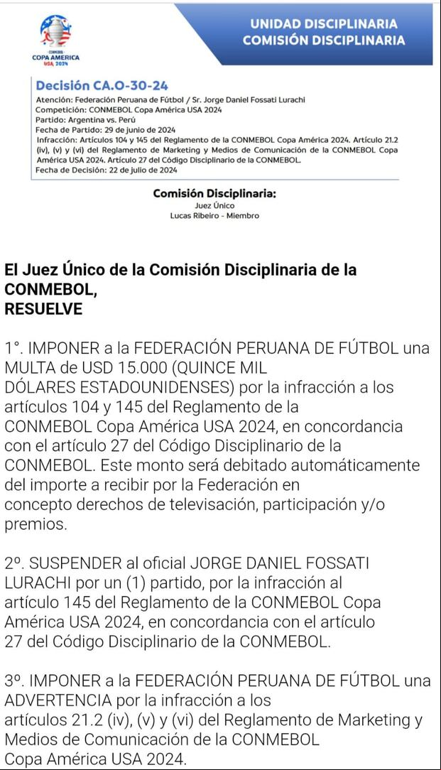 La Comisión Disciplinaria de la Conmebol sancionó con una multa a la Federación Peruana de Fútbol. (Foto: Conmebol).