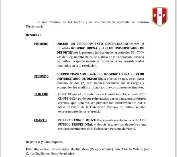 La Comisión Disciplinaria resolvió abrir un proceso disciplinario contra Rodrigo Ureña.