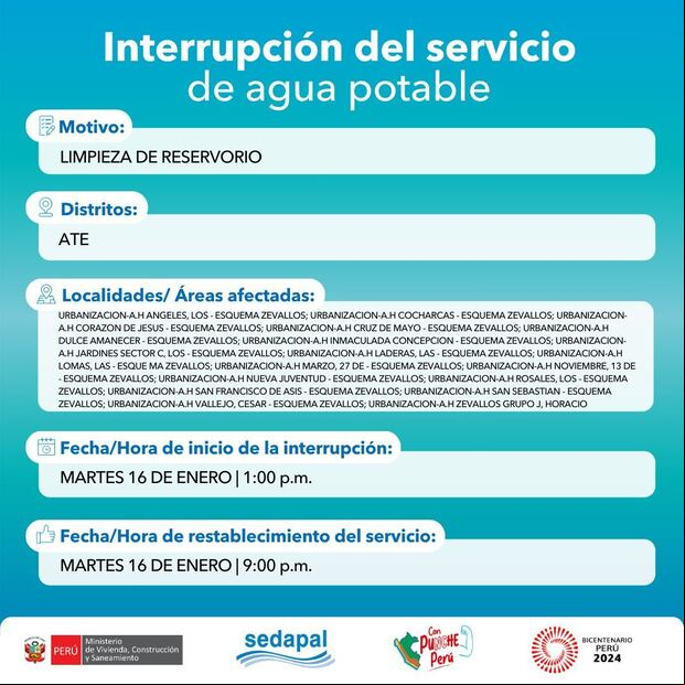 Sedapal informó qué distritos no tendrán agua este martes 16 de enero. (Foto: Twitter)