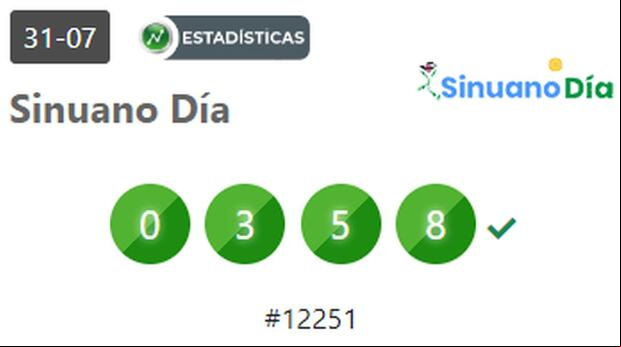 Resultados del Sinuano Día del 31 de julio de 2024 (Foto: Loterías de Colombia)
