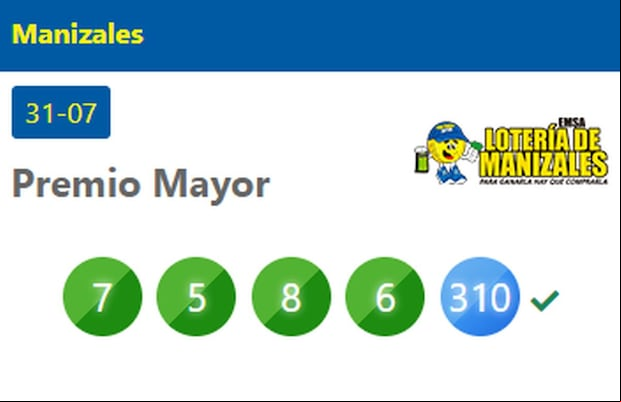 Resultados de la Lotería Manizales del 31 de julio de 2024 (Foto: Loterías de Colombia)