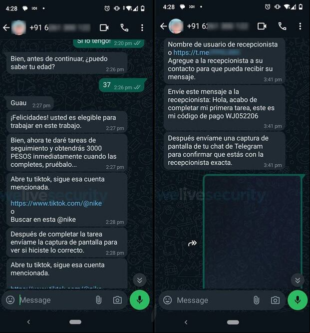 Conversaciones del engaño en WhatsApp (ESET)