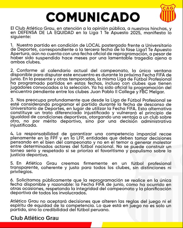 Comunicado de Atlético Grau en sus redes sociales. (Foto: X)
