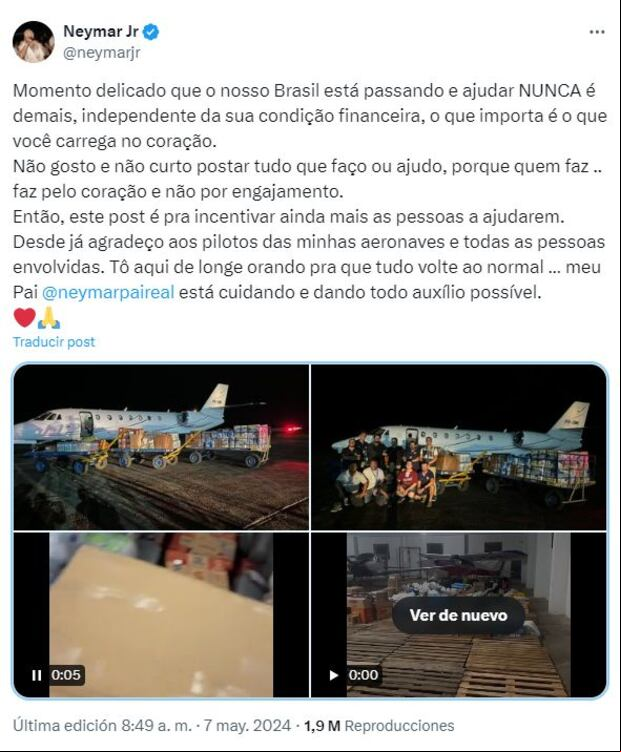Neymar y la ayuda para las víctimas de inundaciones en Brasil.