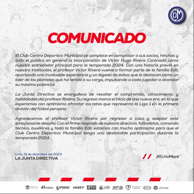 Comunicado de Deportivo Municipal tras el anuncio de Victor Rivera como nuevo DT. (Foto: Muncipal).