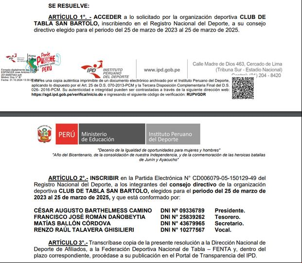 Resolución de RENADE sobre la inscripción de integrantes del club San Bartolo. (Foto: Difusión)