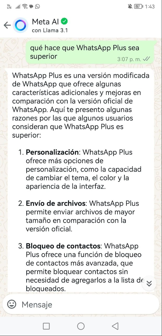 Meta AI nos responde sobre WhatsApp Plus (Depor)