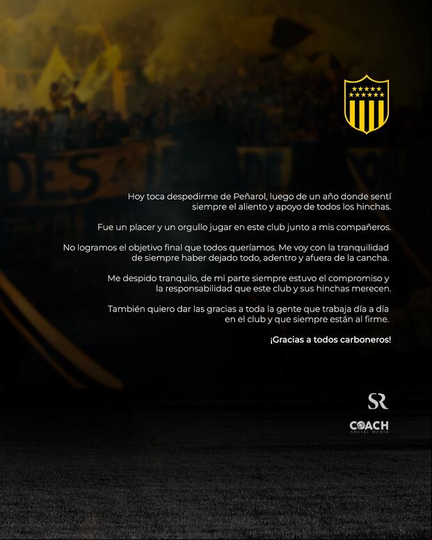 El comunicado de Sebastián Rodríguez sobre su salida de Peñarol. (Foto: Twitter)