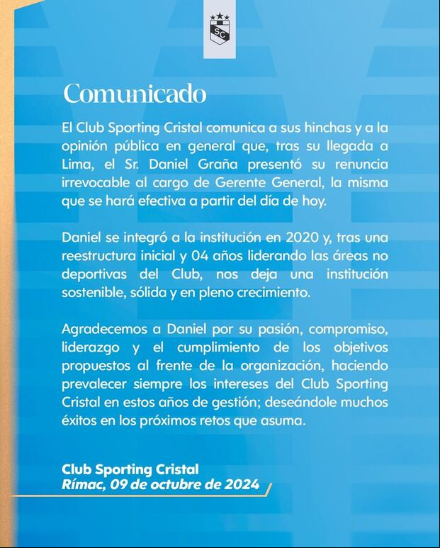 Daniel Graña dejó el cargo de Gerente General en Sporting Cristal. (Foto: Sporting Cristal)